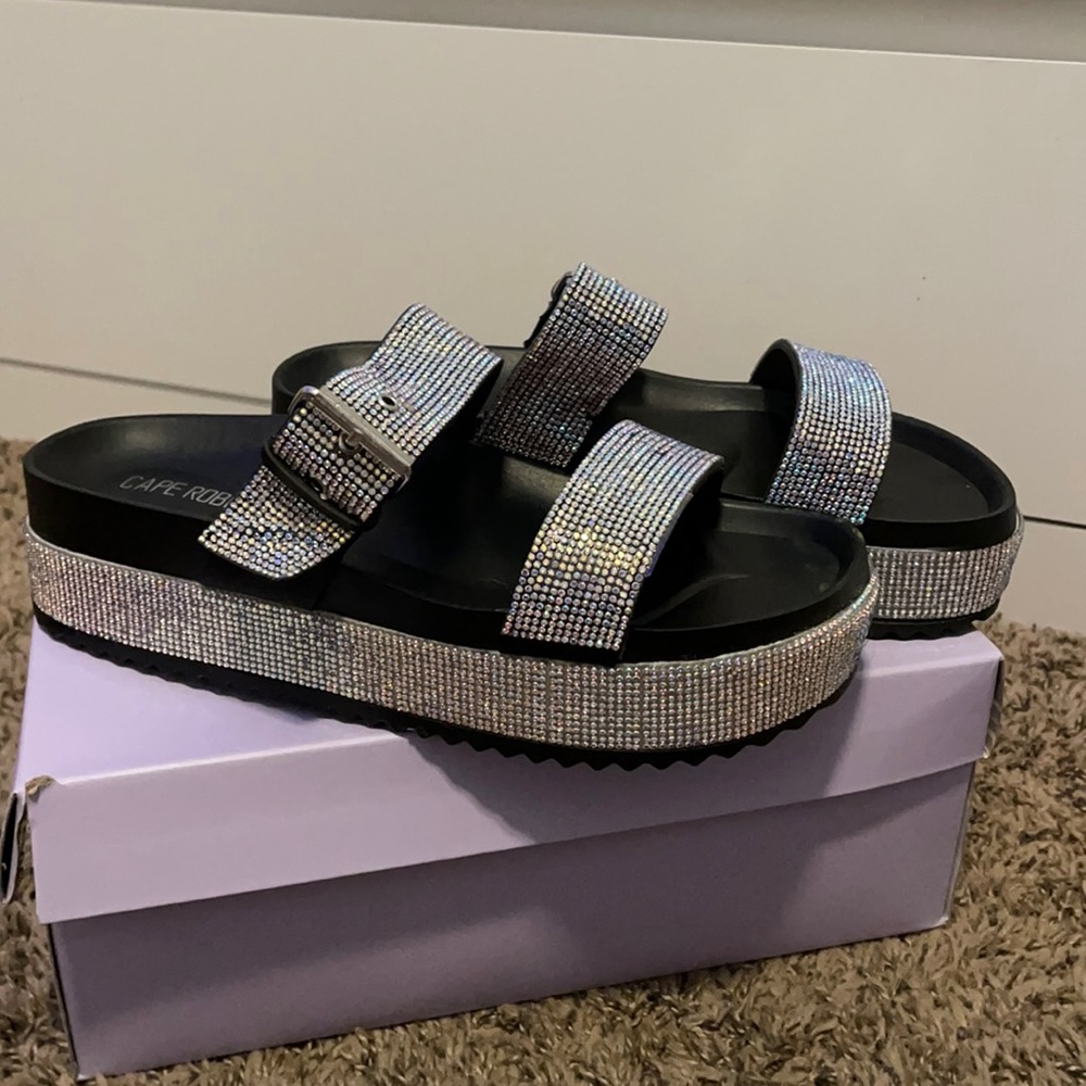 Diamonte platform slide sandal